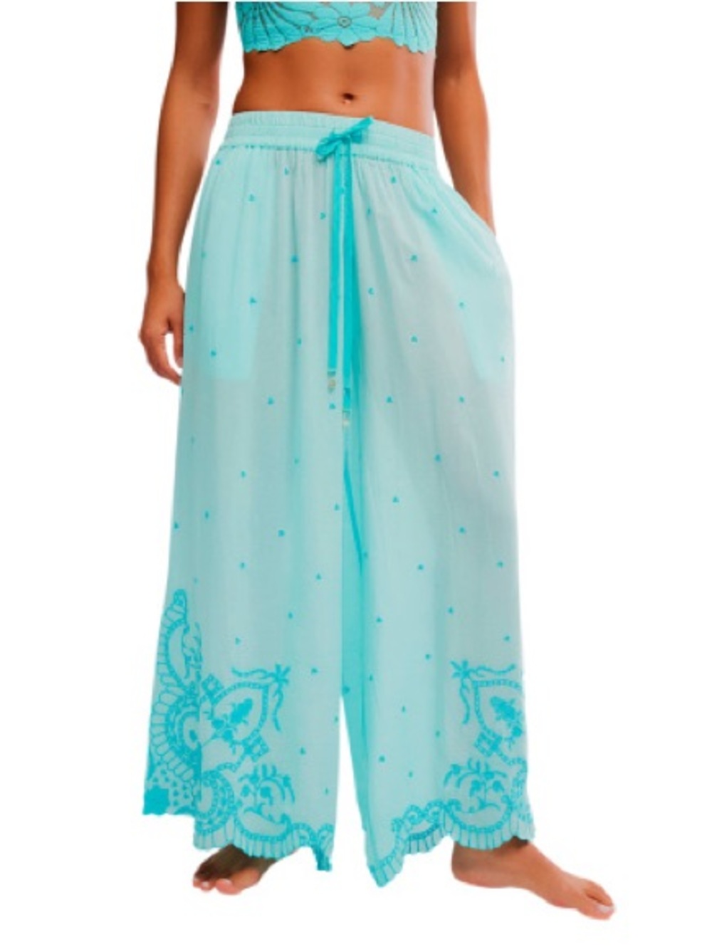Free People Light Aqua Embroidered Wide-Leg Beach Pants